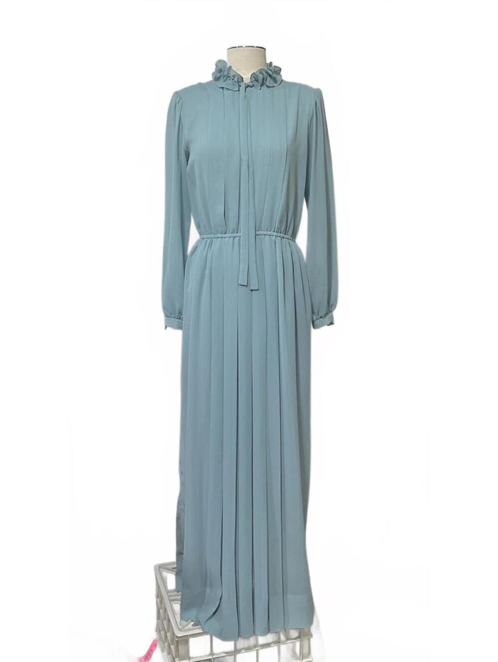 Vintage Jack Bryan Blue Long Sleeve Ruffle Neck Maxi Dress Large dd7